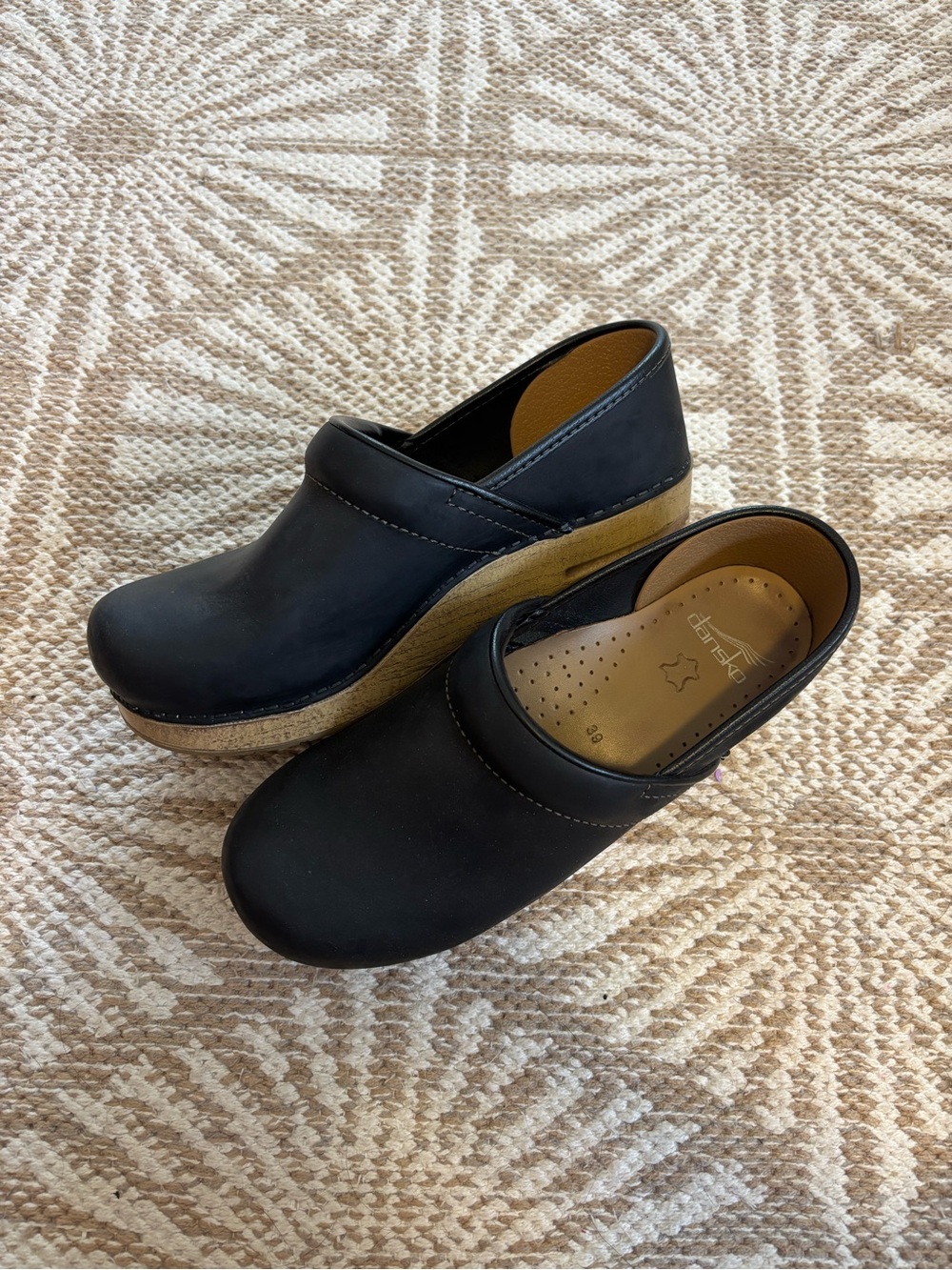 Dansko Black Leather Platform Clogs with Tan Wood-Look Sole